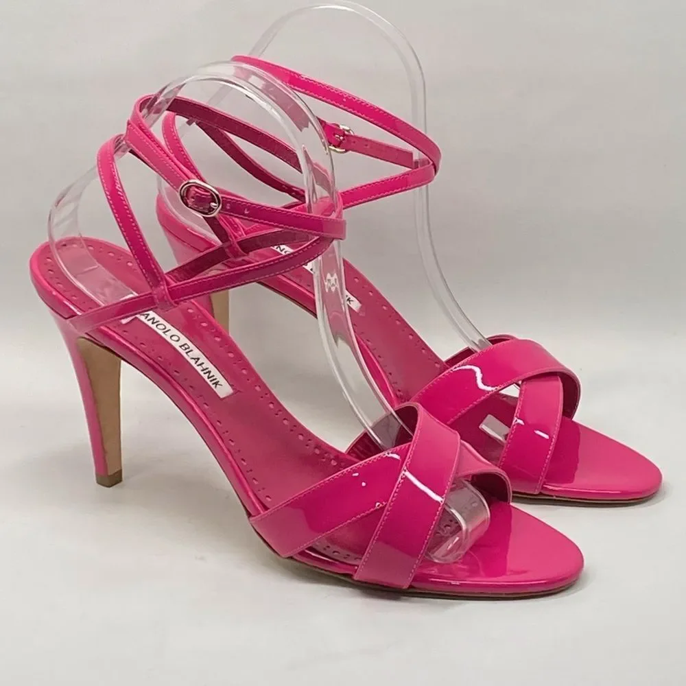Manolo Blahnik Tormentas 90MM Patent Leather Ankle-Wrap Sandals size 41 - Picture 2 of 12